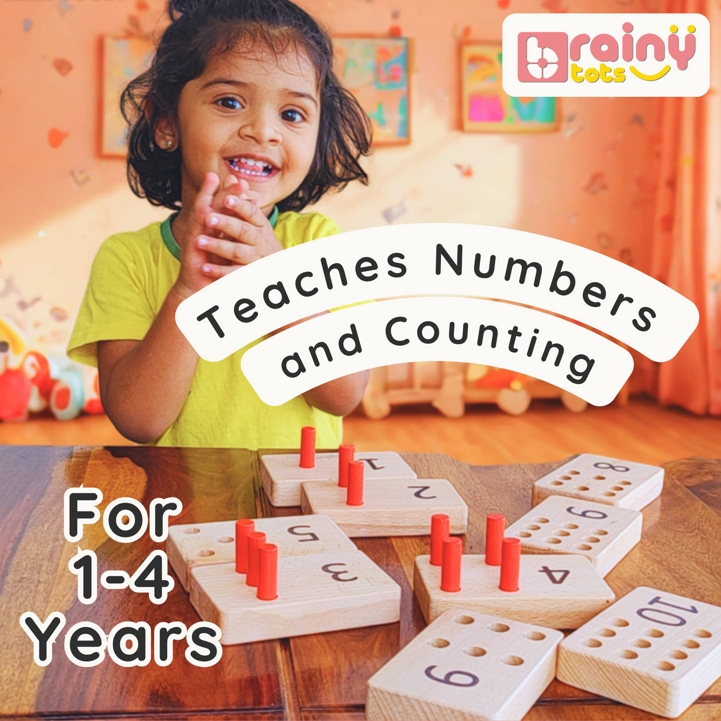 BrainyTots numbers peg board showing full tile sequence from one to ten, displaying number progression and counting slots.