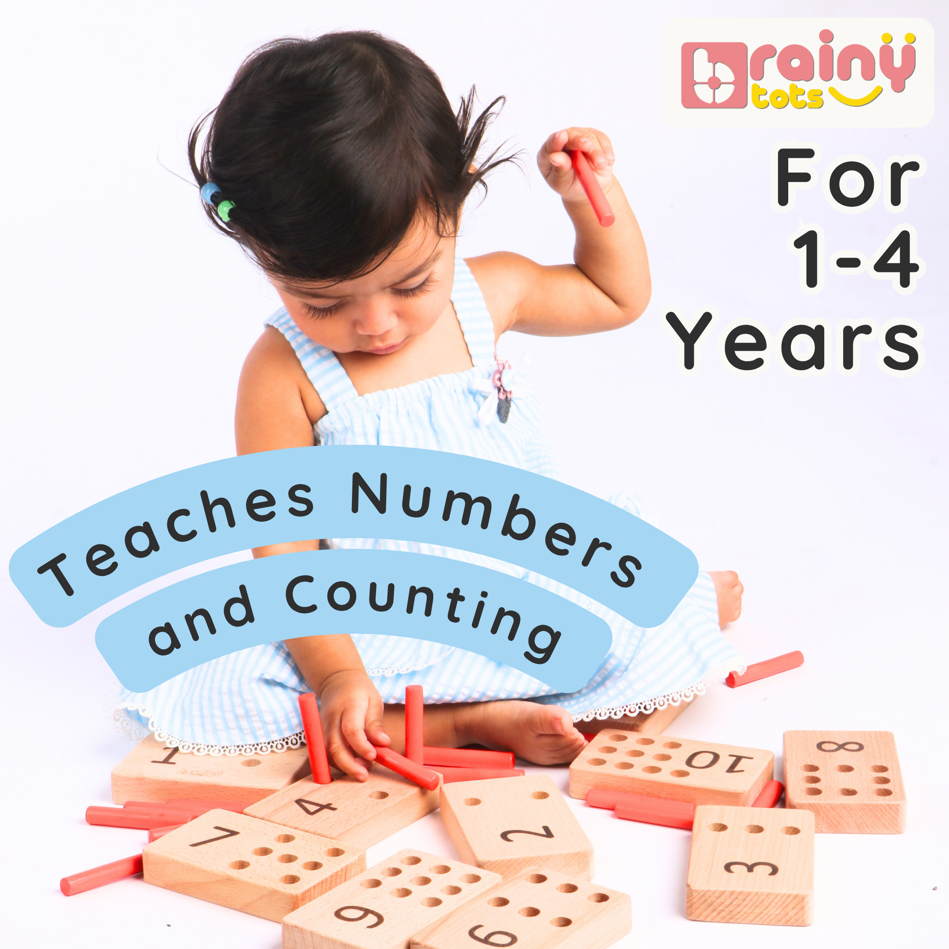Child using the BrainyTots Numbers Peg Board to practice numbers and counting with wooden pegs, designed for children aged 1–4 years.