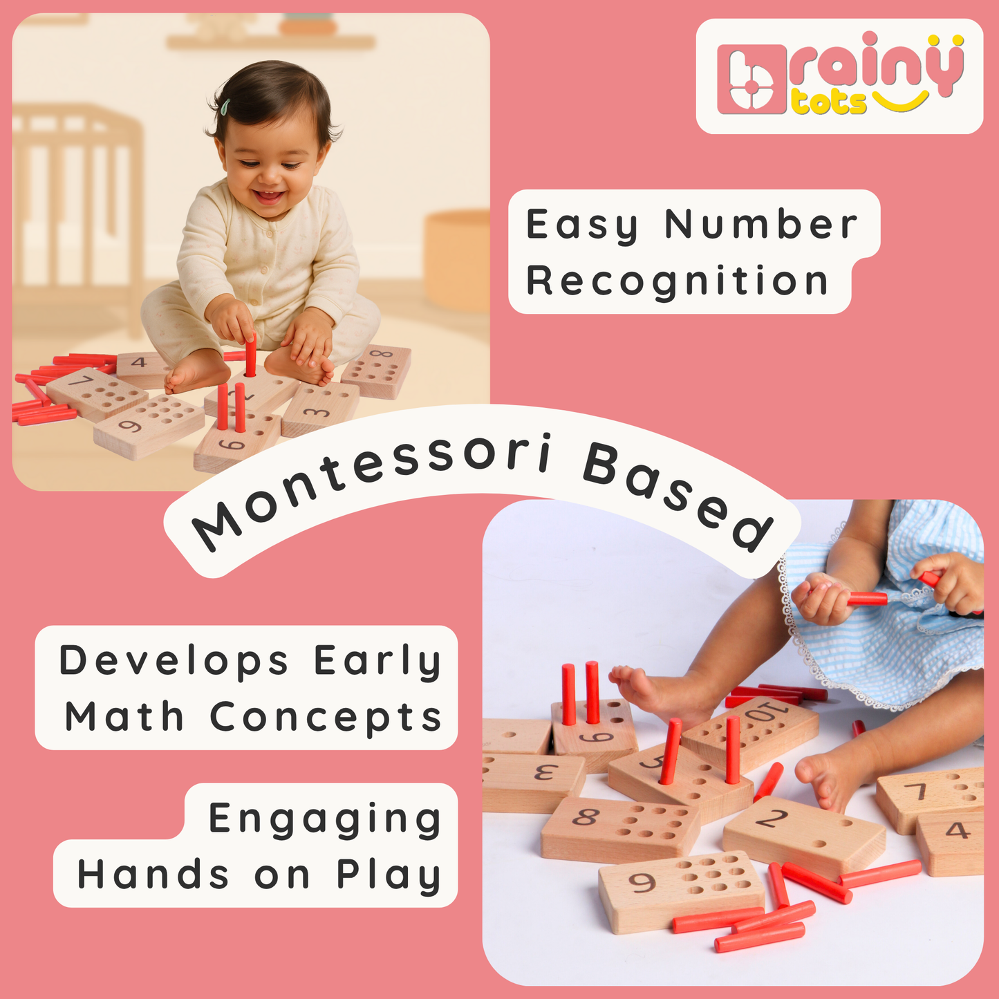 BrainyTots Numbers Peg Board Montessori toy helping toddlers practice number recognition, early math concepts, and hands-on peg placement.