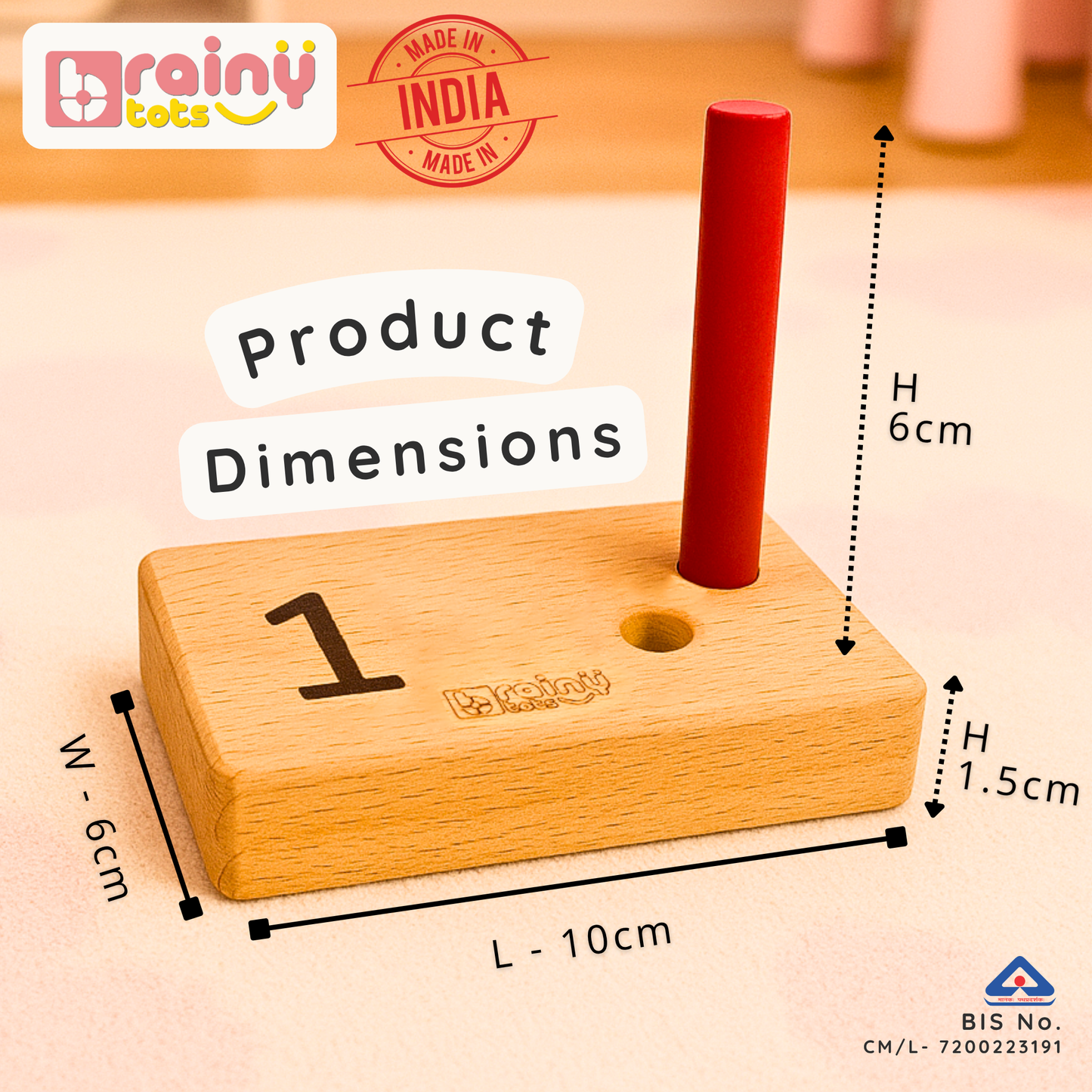 BrainyTots wooden Numbers Peg Board with red peg showing product dimensions of the number 1 board, made in India.