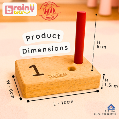 BrainyTots wooden Numbers Peg Board with red peg showing product dimensions of the number 1 board, made in India.