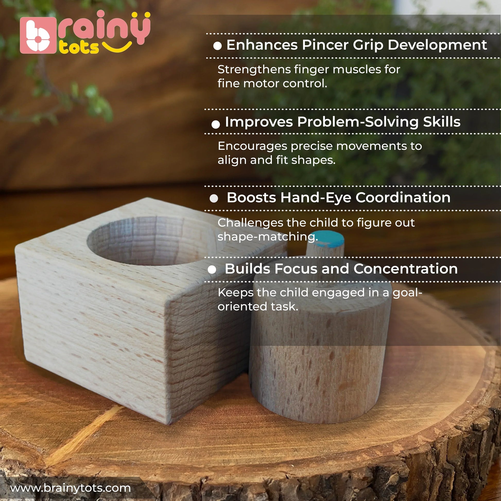 BrainyTots Wooden Pincer Cylindrical Puzzle designed to strengthen pincer grip, fine motor skills, hand-eye coordination, problem-solving, focus, and concentration. This Montessori-inspired wooden toy helps babies aged 6–24 months develop precision finger control and independent learning through hands-on play.