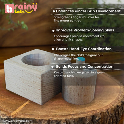 BrainyTots Wooden Pincer Cylindrical Puzzle designed to strengthen pincer grip, fine motor skills, hand-eye coordination, problem-solving, focus, and concentration. This Montessori-inspired wooden toy helps babies aged 6–24 months develop precision finger control and independent learning through hands-on play.