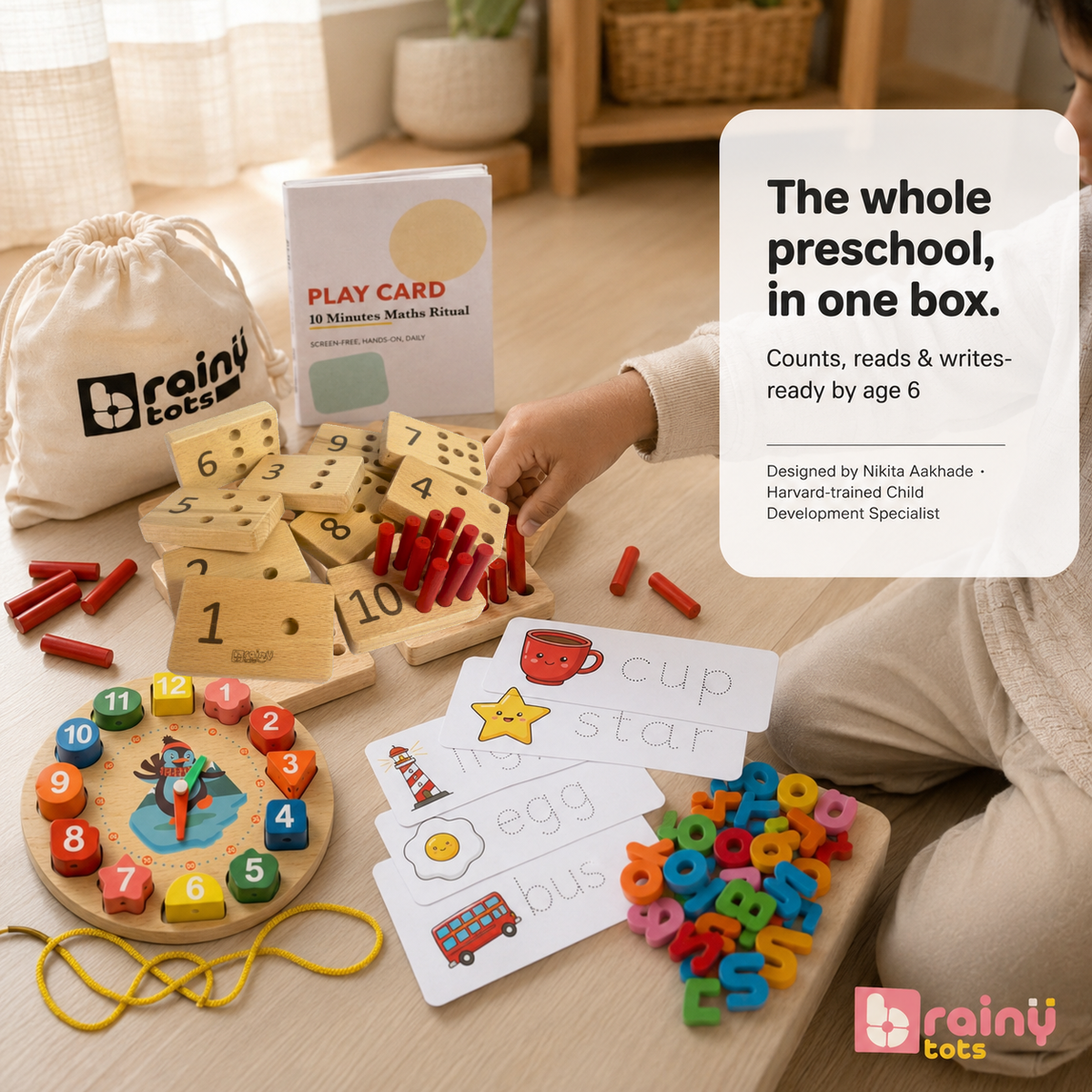BrainyTots four-piece preschool learning set combining counting, numbers, spelling, time, shapes, and colours for ages 3–6.