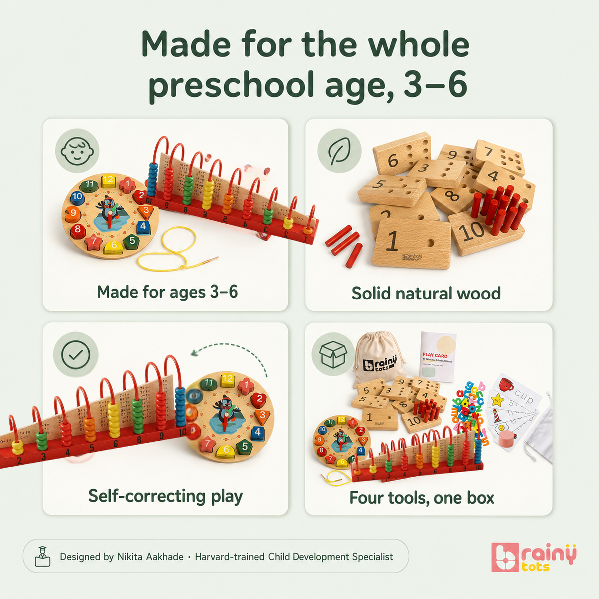 BrainyTots preschool math toys featuring a wooden counting abacus and number peg board for counting and early addition.