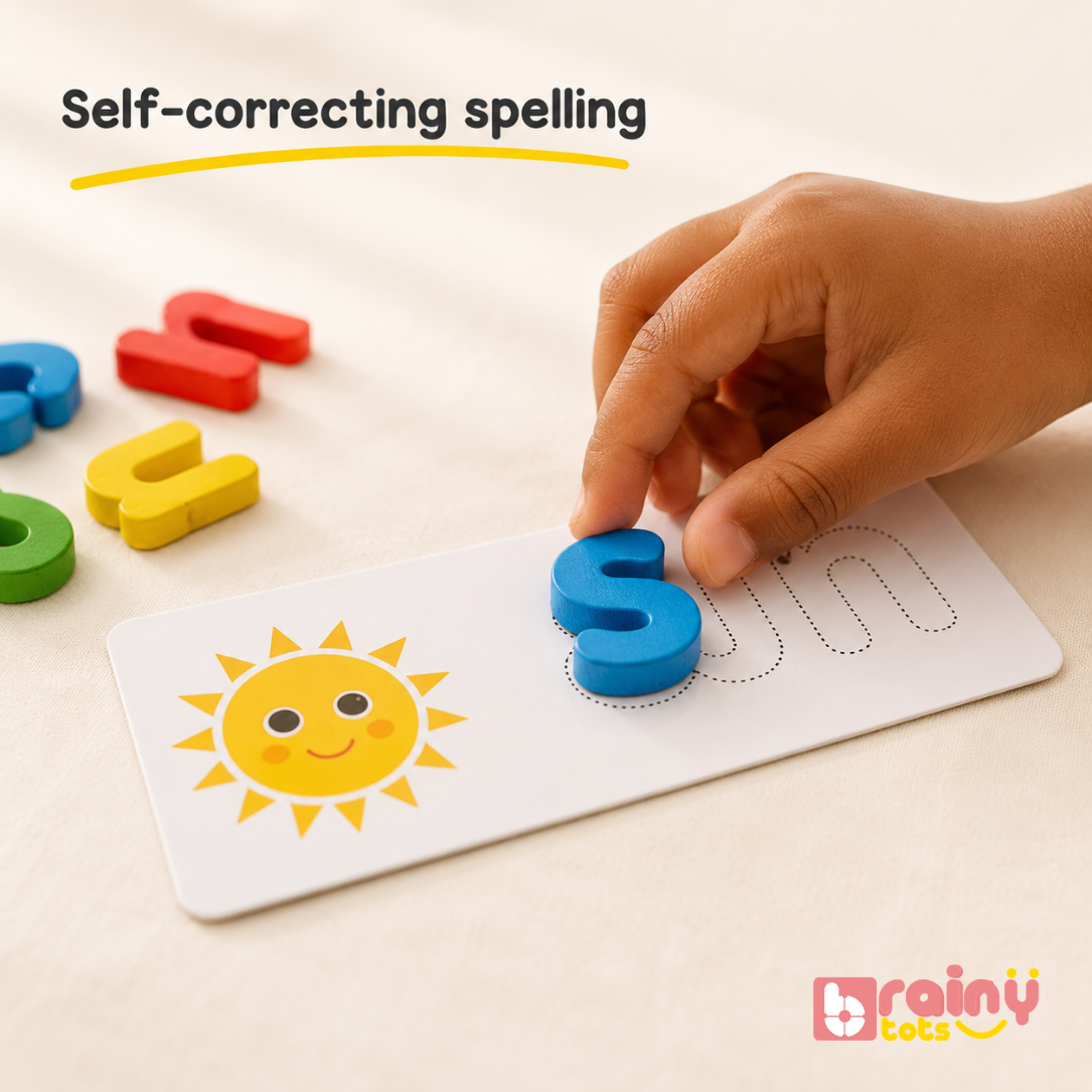 Child placing a wooden lowercase letter on the BrainyTots Preschool Prep Combo spelling card, demonstrating the self-correcting Wooden Spelling Game for early reading, phonics, and independent spelling practice.