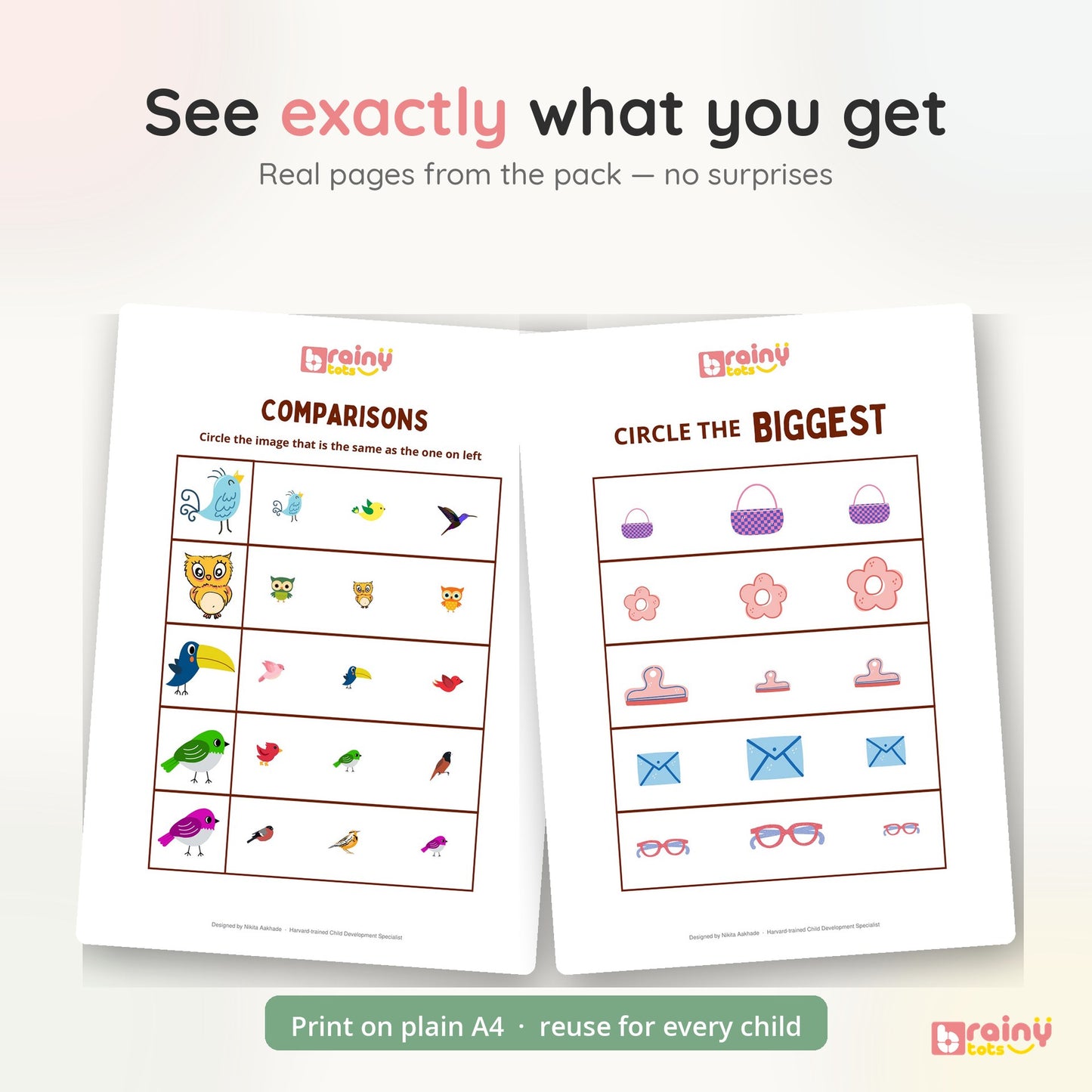 Sample pages from BrainyTots printable worksheets featuring matching pairs, same-and-different activities, size comparison, and counting.