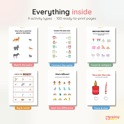 BrainyTots preschool worksheet pack showing the variety of matching, comparison, counting, and thinking activities included across 100 pages.
