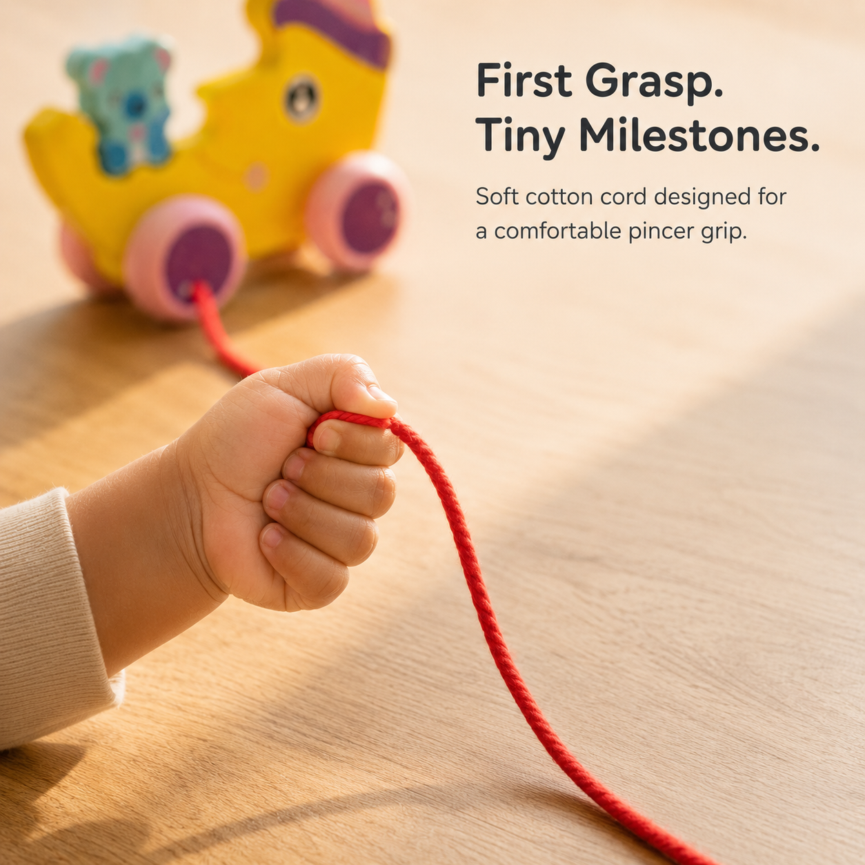 Baby holding the cotton pull cord of the BrainyTots Wooden Push & Pull Toy, developing pincer grip, fine motor skills, hand strength, and coordination through Montessori-inspired play.