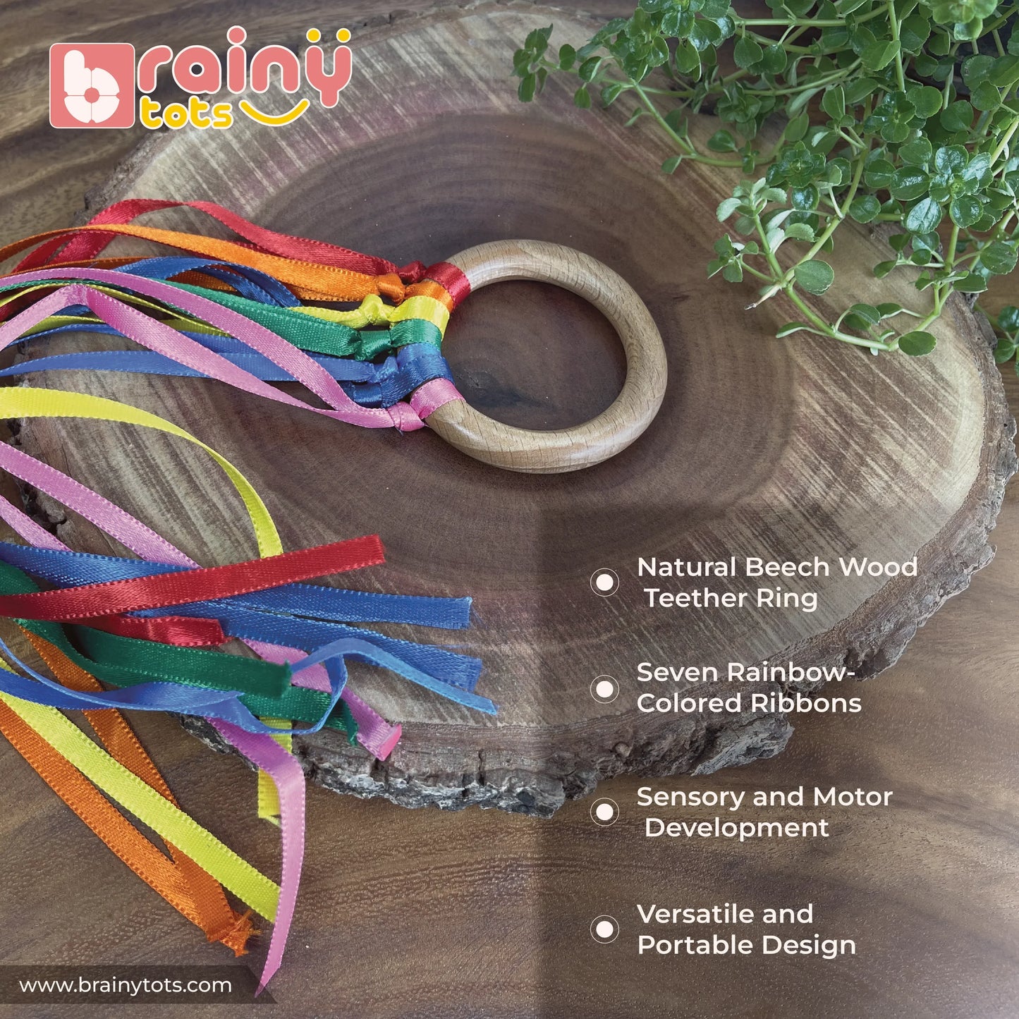 BrainyTots Rainbow Ribbon Wooden Teether made from natural beech wood with seven colorful satin ribbons, designed to soothe sore gums while encouraging sensory exploration, grasping, fine motor development, and Montessori-inspired play for babies aged 2 months and above