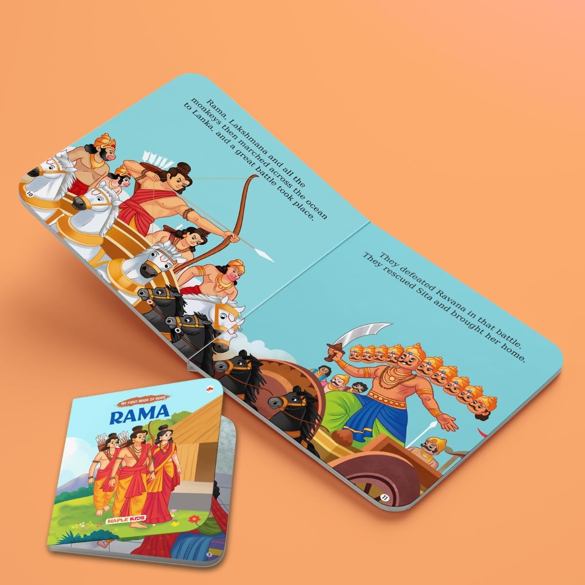 Inside pages of the BrainyTots Mythological Board Book featuring the story of Lord Rama defeating Ravana, with colorful illustrations and simple storytelling that introduce toddlers aged 1–4 years to Hindu mythology, Indian culture, courage, duty, and moral values.