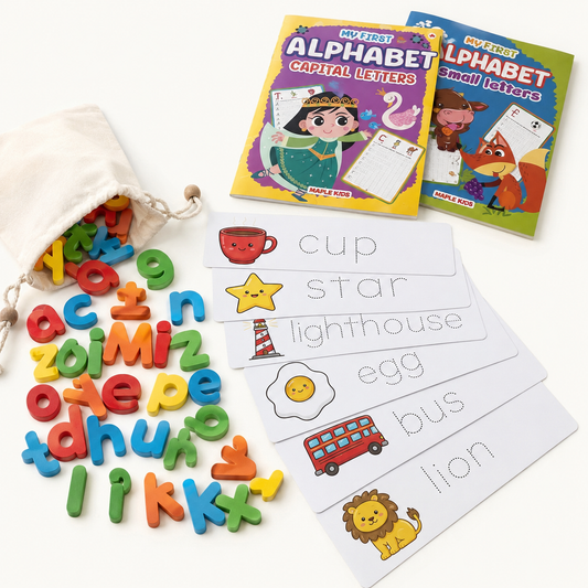 BrainyTots Read & Write Combo with wooden spelling game and Capital and Small Letter tracing workbooks for kids ages 3–7.