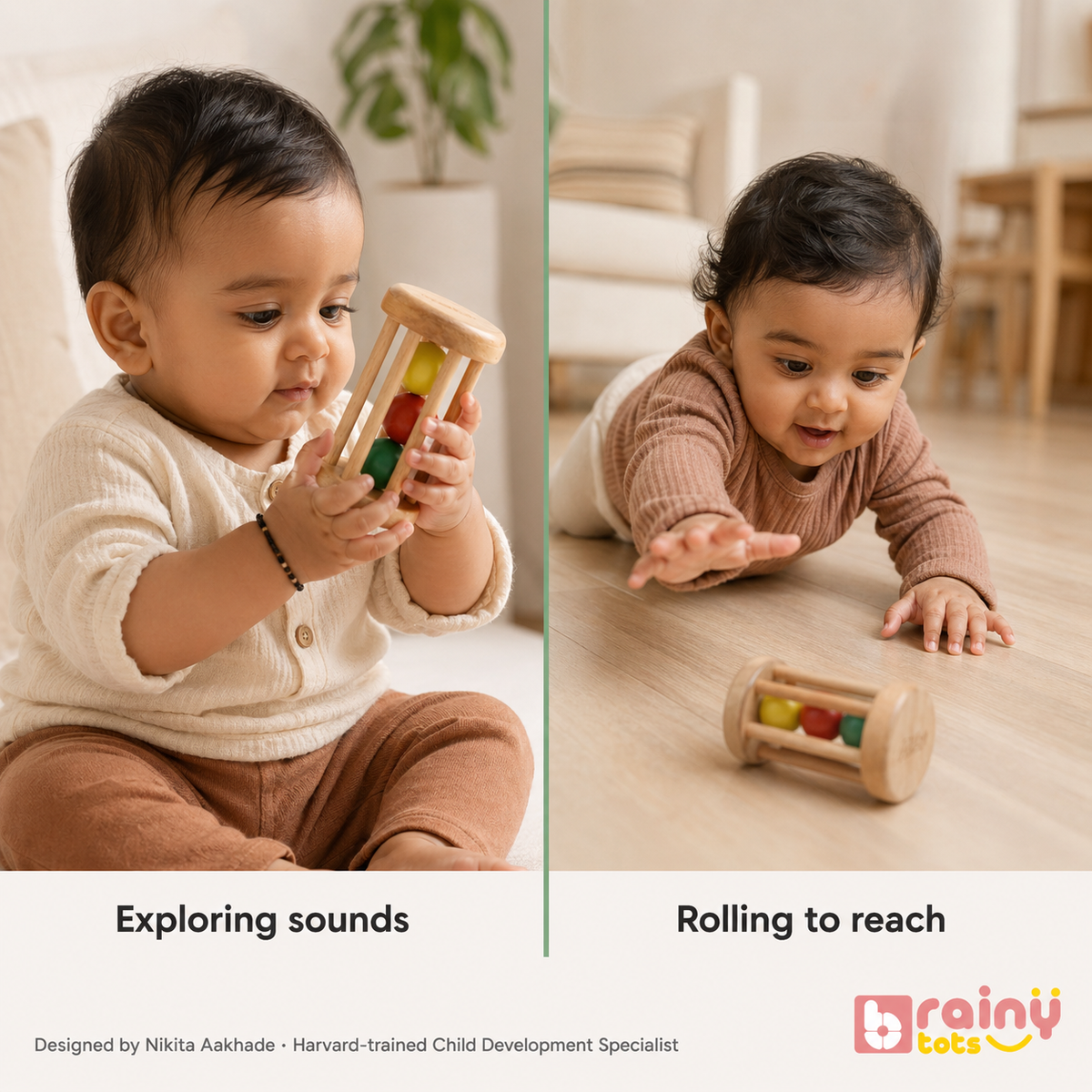 Baby reaching toward the BrainyTots rolling drum rattle during crawling and movement play.