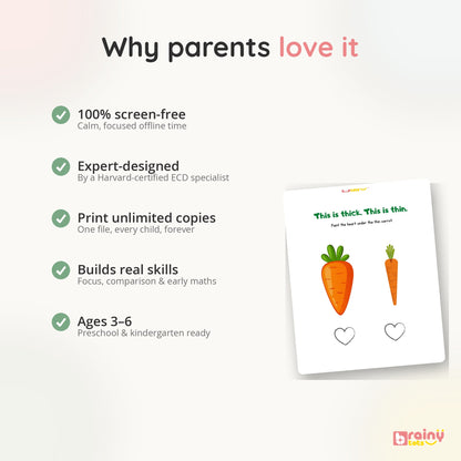 BrainyTots screen-free preschool worksheets highlighting calm learning time, expert-designed activities, and unlimited home printing.