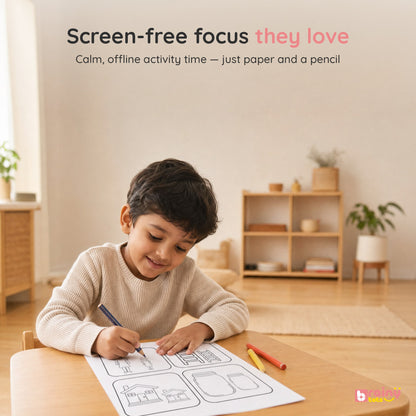 Child enjoying a calm screen-free worksheet activity with BrainyTots preschool learning pages.