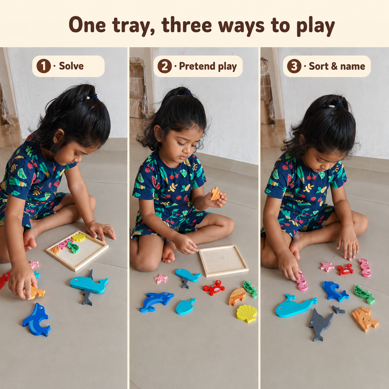 BrainyTots Montessori Sea Animals Square Puzzle showing three ways to play with wooden ocean animal pieces through puzzle solving, pretend play, and sorting activities that build problem solving, fine motor skills, language development, and imaginative play for toddlers.