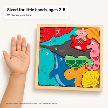 BrainyTots Montessori Sea Animals Square Puzzle showing the actual puzzle size beside a toddler's hand, with 12 chunky wooden ocean animal pieces designed for easy grasping, fine motor development, and independent Montessori play for children aged 2–5 years.