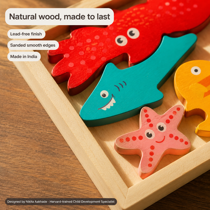 Close-up of the BrainyTots Montessori Sea Animals Square Puzzle showing natural wooden construction, lead-free water-based paint, smooth sanded edges, and durable wooden ocean animal pieces for safe Montessori learning and toddler play.