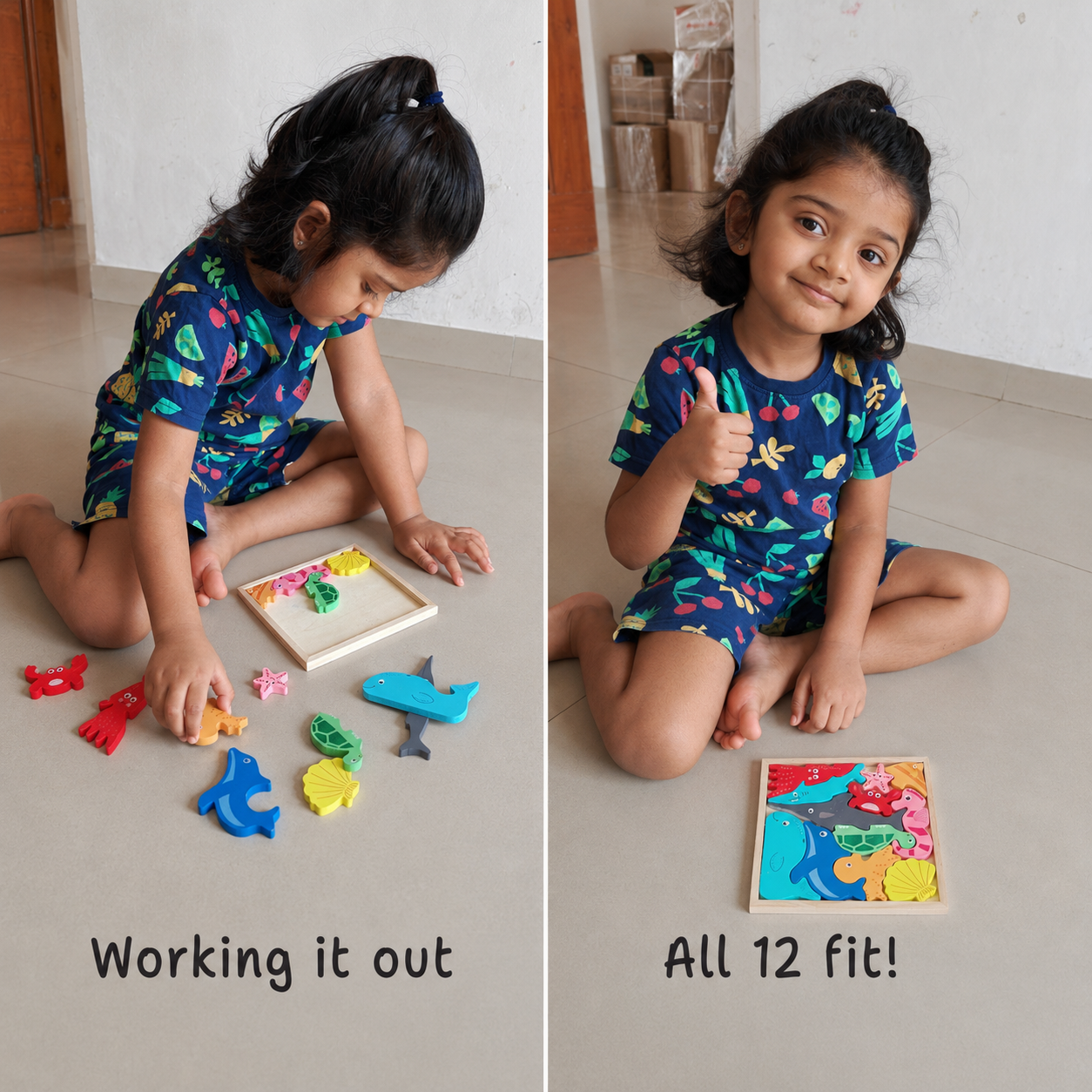 Child completing the BrainyTots Montessori Sea Animals Square Puzzle by fitting all 12 wooden ocean animal pieces into the tray, encouraging spatial reasoning, logical thinking, fine motor skills, and independent Montessori learning for toddlers aged 2–5 years.