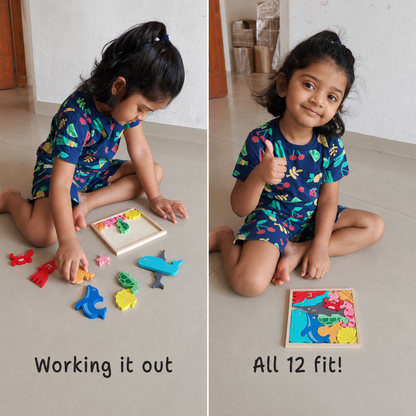 Child completing the BrainyTots Montessori Sea Animals Square Puzzle by fitting all 12 wooden ocean animal pieces into the tray, encouraging spatial reasoning, logical thinking, fine motor skills, and independent Montessori learning for toddlers aged 2–5 years.