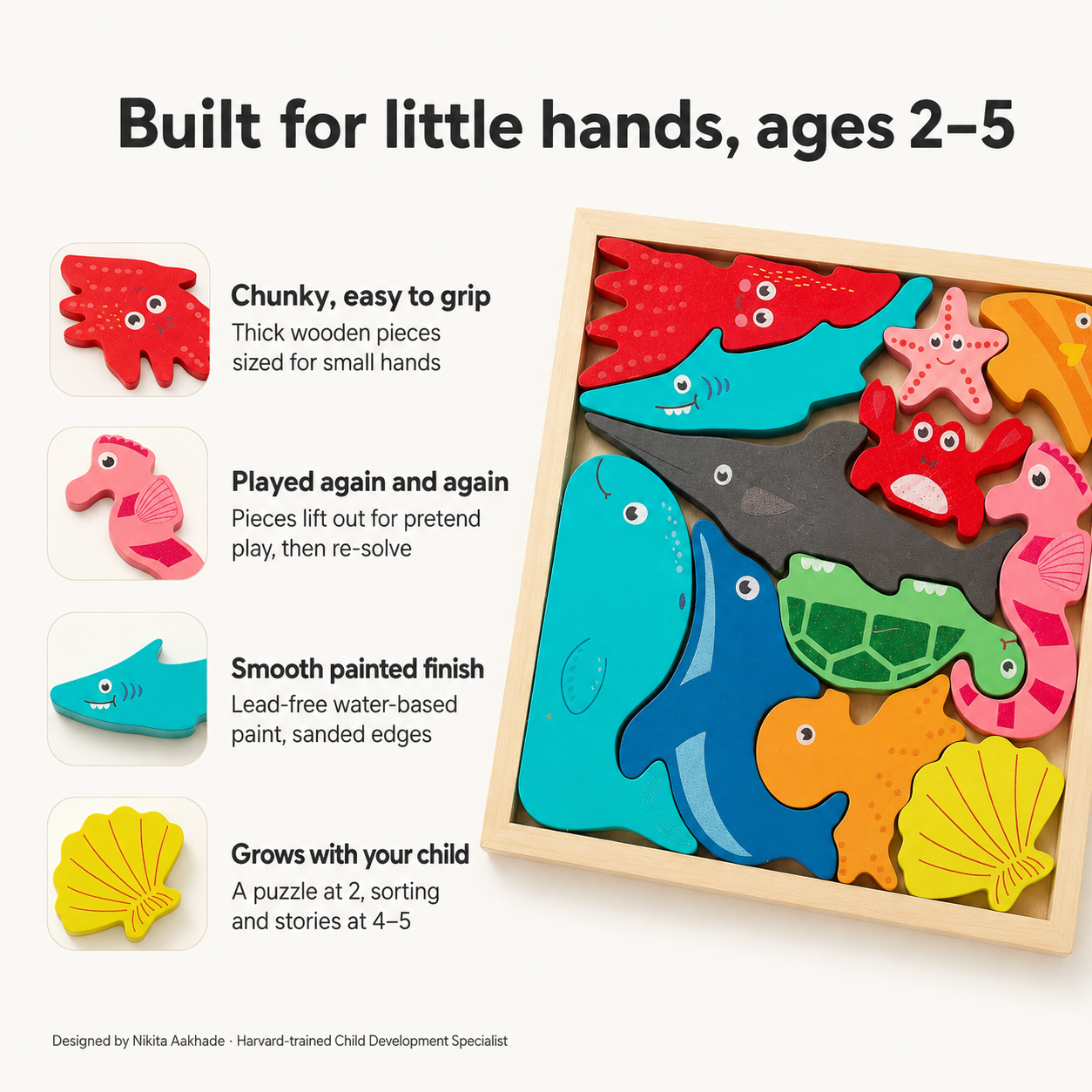 BrainyTots Montessori Sea Animals Square Puzzle with chunky wooden ocean animal pieces, smooth child-safe finish, and toddler-friendly design that encourages fine motor skills, problem solving, and imaginative play for children aged 2–5 years.