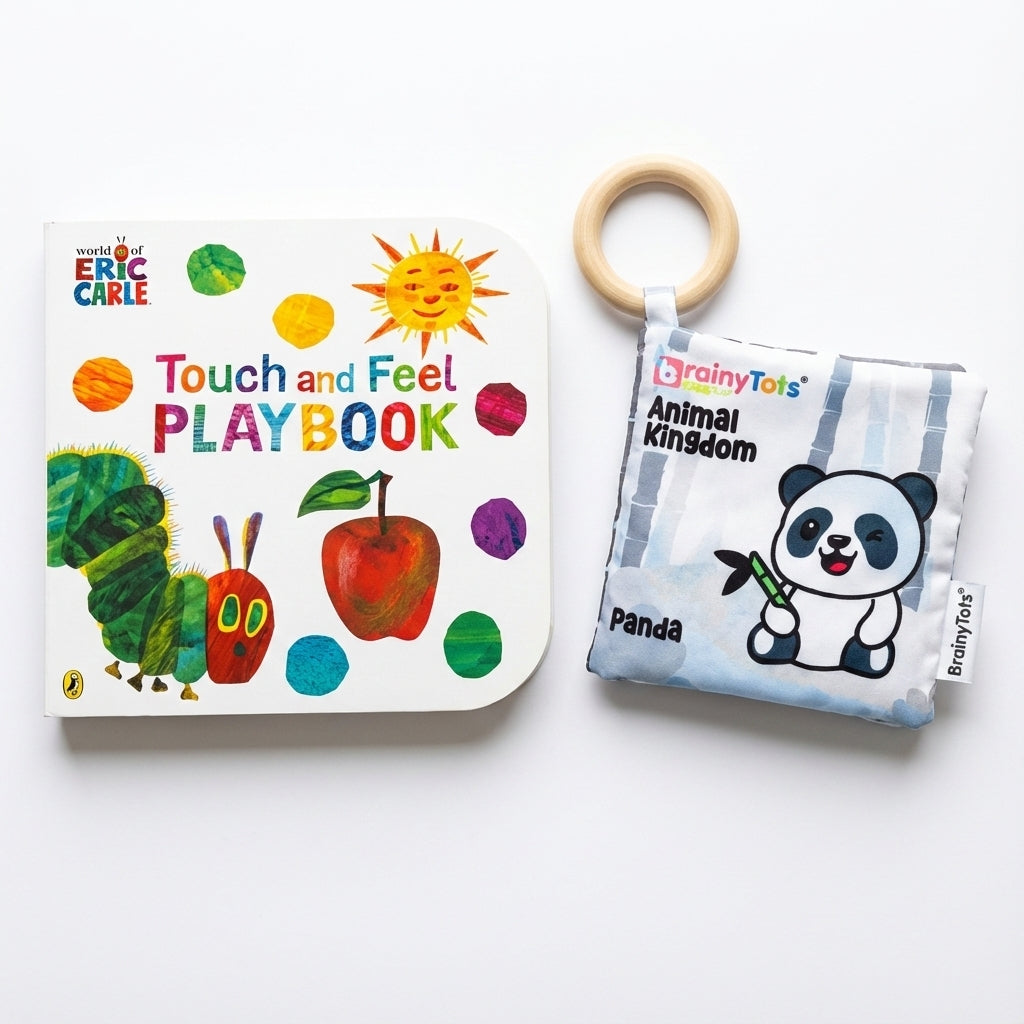 BrainyTots Sensory Storytime Kit featuring a Touch and Feel Playbook and a high-contrast jungle cloth book with a natural neem wood teether, designed to support sensory exploration, visual development, language learning, and parent-child bonding for babies 0–18 months.