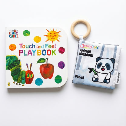 BrainyTots Sensory Storytime Kit featuring a Touch and Feel Playbook and a high-contrast jungle cloth book with a natural neem wood teether, designed to support sensory exploration, visual development, language learning, and parent-child bonding for babies 0–18 months.