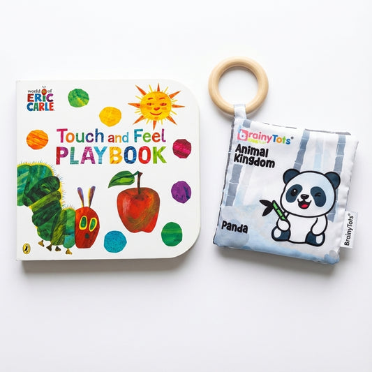 BrainyTots Sensory Storytime Kit featuring a Touch and Feel Playbook and a high-contrast jungle cloth book with a natural neem wood teether, designed to support sensory exploration, visual development, language learning, and parent-child bonding for babies 0–18 months.