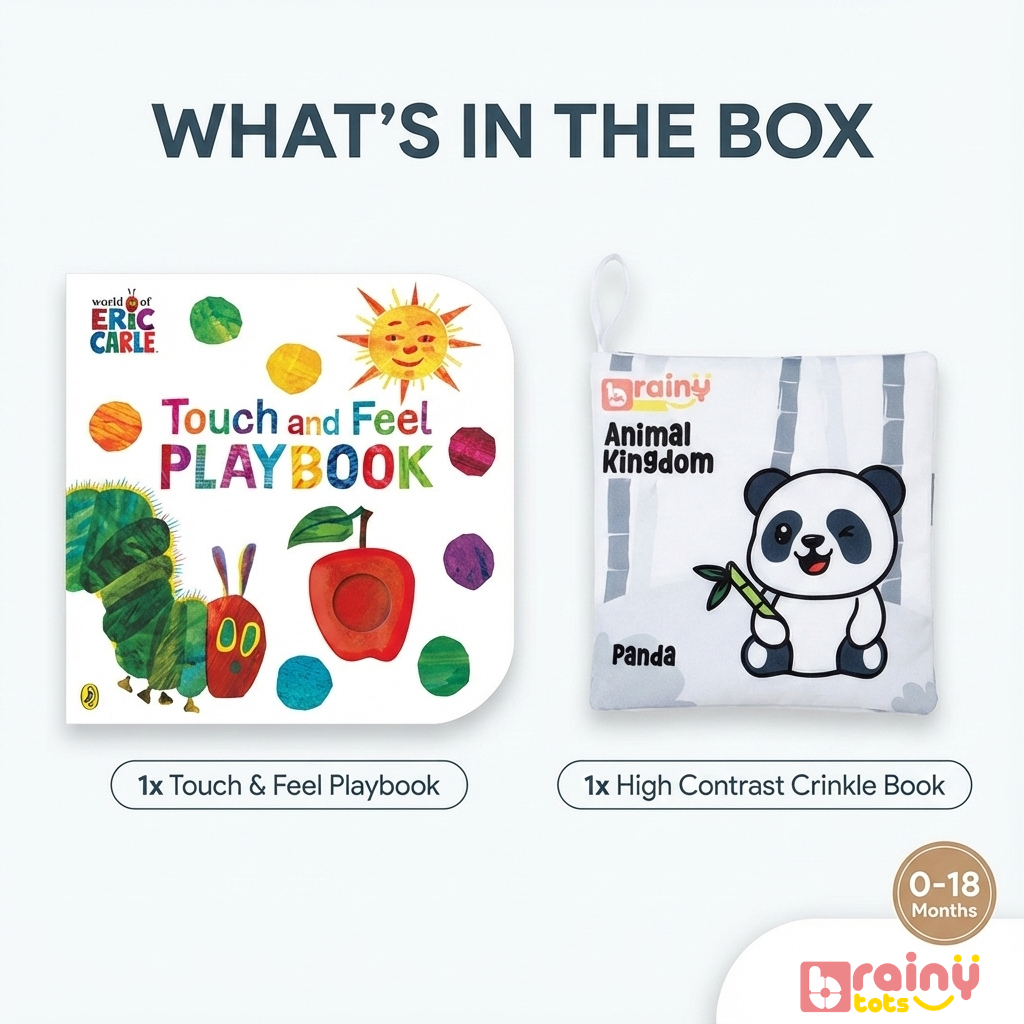 BrainyTots Sensory Storytime Kit contents featuring one Touch and Feel Playbook and one High Contrast Jungle Cloth Book with a natural neem wood teether for sensory learning, visual development, and early literacy for babies 0–18 months.