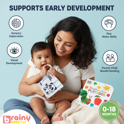 Parent and baby exploring the BrainyTots Sensory Storytime Kit together, encouraging sensory exploration, visual development, fine motor skills, language learning, and parent-child bonding through interactive books for babies 0–18 months.