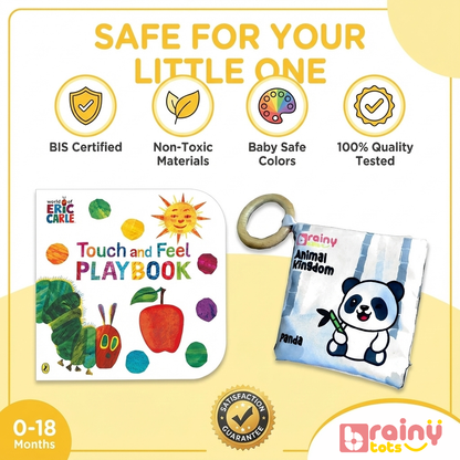 BrainyTots Sensory Storytime Kit made with baby-safe, non-toxic materials, BIS-certified quality, and safe colors, featuring a Touch and Feel Playbook and High Contrast Jungle Cloth Book for babies 0–18 months.
