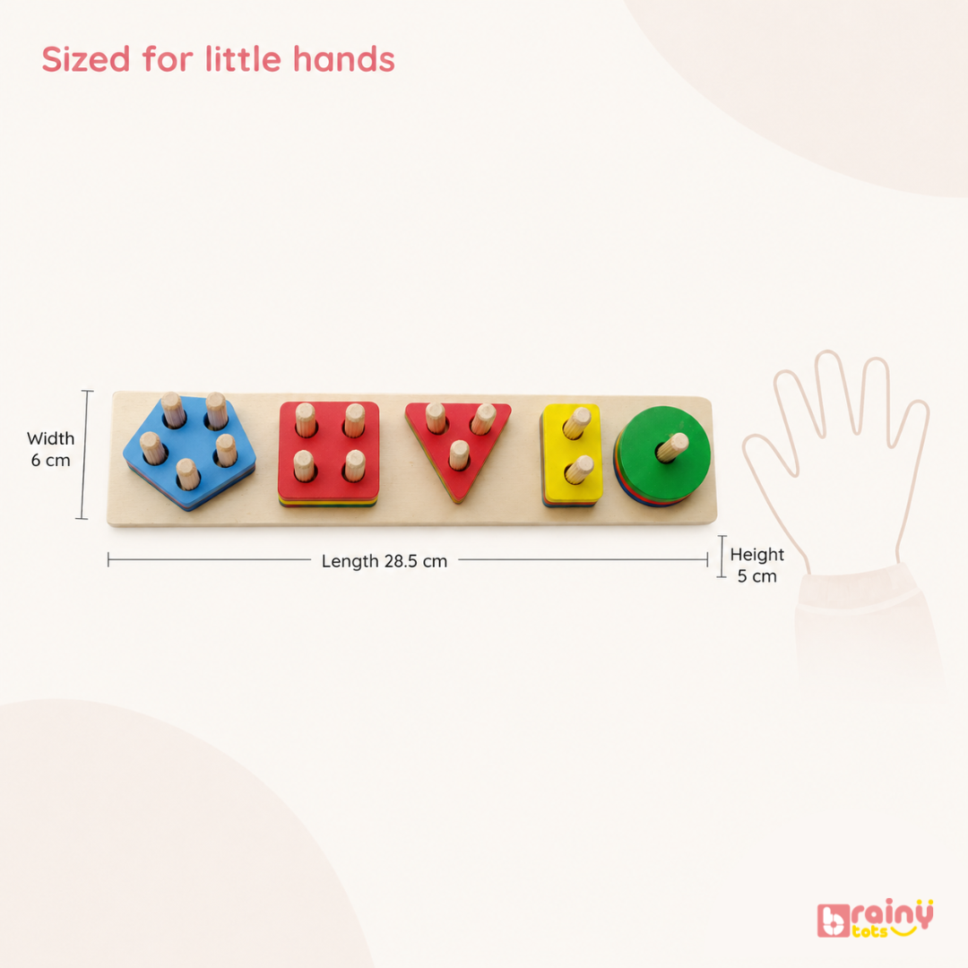 BrainyTots wooden shape sorting board showing 28.5 cm length, 6 cm width, and 5 cm height.