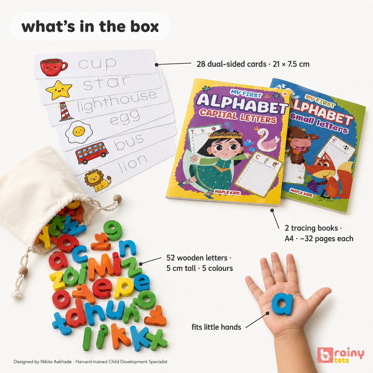 BrainyTots literacy learning set combining 28 picture word cards, lowercase wooden letters, and two alphabet tracing books.