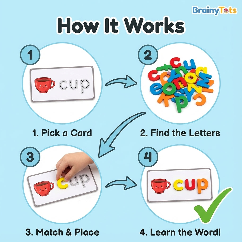 Child using BrainyTots wooden letters to build a word from an illustrated spelling card during hands-on literacy play.