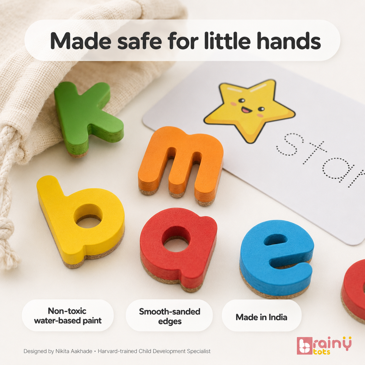 Child using BrainyTots wooden spelling letters and alphabet tracing books during screen-free literacy practice.