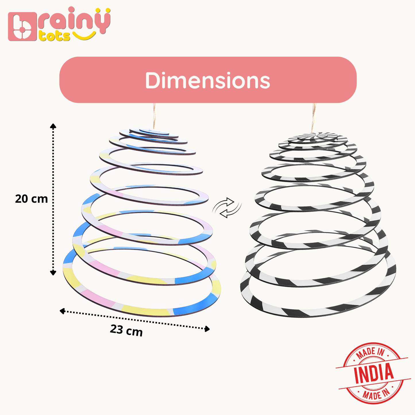 Dimensions of the BrainyTots Dual-Sided Spiral Hanging Mobile showing both the colorful and high-contrast black-and-white spiral designs. The Montessori-inspired wooden baby mobile measures approximately 20 cm in height and 23 cm in diameter, making it ideal for hanging above a crib or changing table for babies aged 0–12 months.