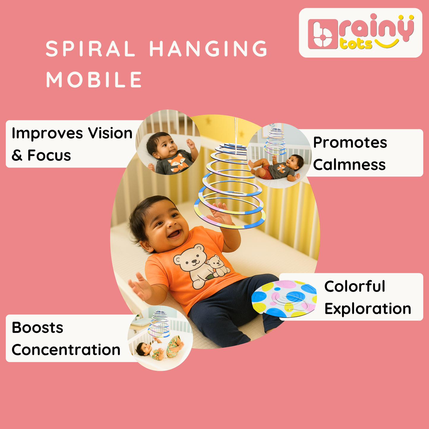 Baby watching the BrainyTots Spiral Hanging Mobile suspended above a crib, encouraging visual tracking, focus, concentration, calmness, and colorful sensory exploration. This Montessori-inspired dual-sided mobile supports healthy visual development and curiosity for newborns and babies aged 0–6 months.