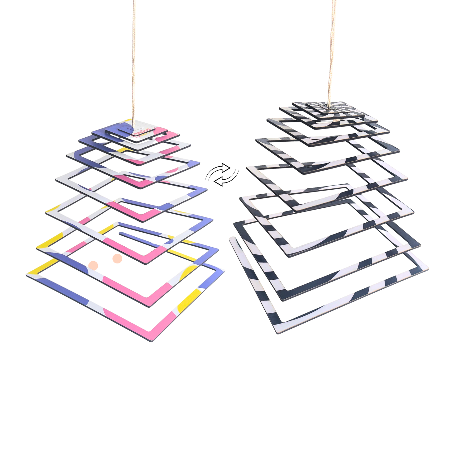 BrainyTots Dual-Sided squared Shaped Spiral Hanging Mobile featuring a high-contrast black-and-white side for newborn visual development and a colorful side for older babies. This Montessori-inspired wooden baby mobile encourages visual tracking, concentration, curiosity, sensory exploration, and calmness for babies aged 0–6 months.