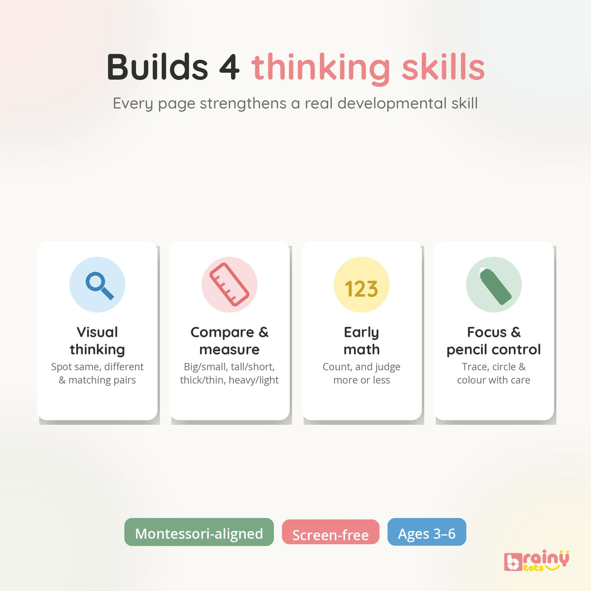 BrainyTots thinking skills worksheets designed around visual matching, comparison, early math, and pencil control for young learners.