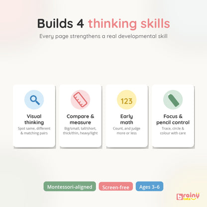 BrainyTots thinking skills worksheets designed around visual matching, comparison, early math, and pencil control for young learners.