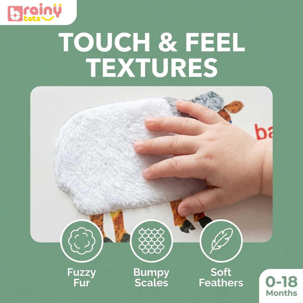 Baby exploring textured pages in the BrainyTots Touch and Feel Playbook from the Sensory Storytime Kit, encouraging tactile exploration, sensory development, fine motor skills, and early learning for babies 0–18 months.