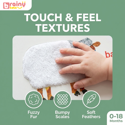 Baby exploring textured pages in the BrainyTots Touch and Feel Playbook from the Sensory Storytime Kit, encouraging tactile exploration, sensory development, fine motor skills, and early learning for babies 0–18 months.