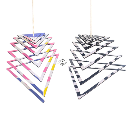 BrainyTots Dual-Sided Traingle Shaped Spiral Hanging Mobile featuring a high-contrast black-and-white side for newborn visual development and a colorful side for older babies. This Montessori-inspired wooden baby mobile encourages visual tracking, concentration, curiosity, sensory exploration, and calmness for babies aged 0–6 months.