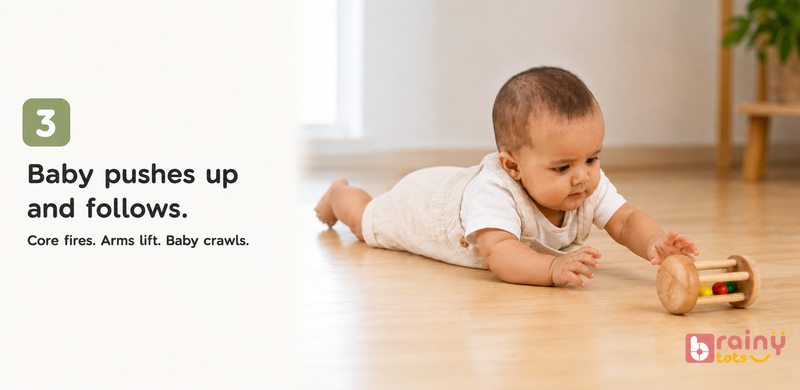 Baby pushes up and follows.