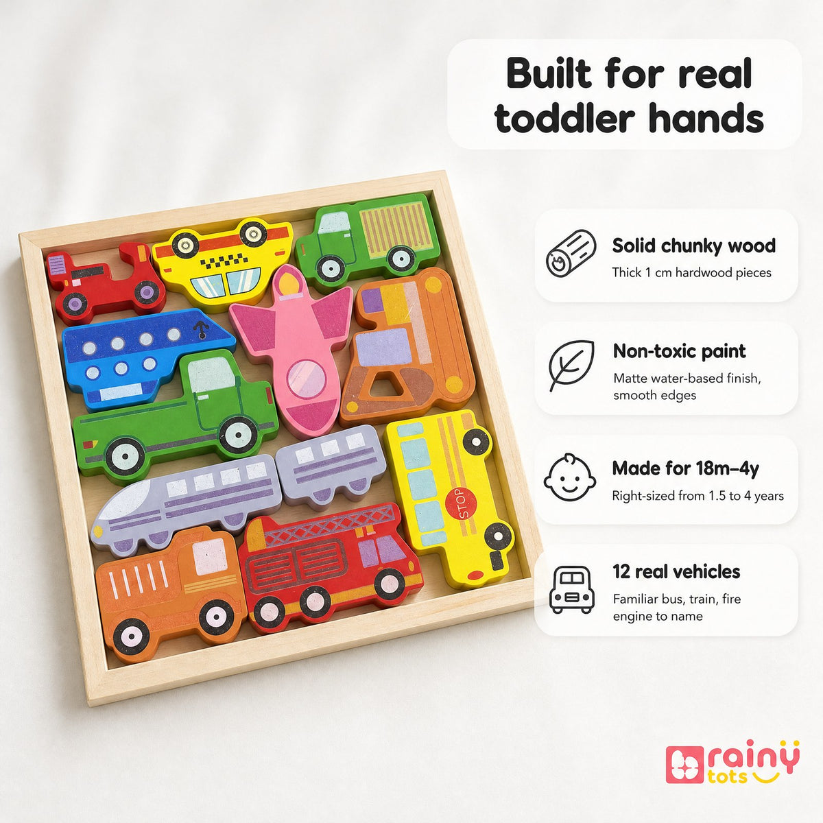 BrainyTots wooden vehicle puzzle featuring 12 chunky hardwood vehicles, smooth edges, and colorful designs for toddlers.