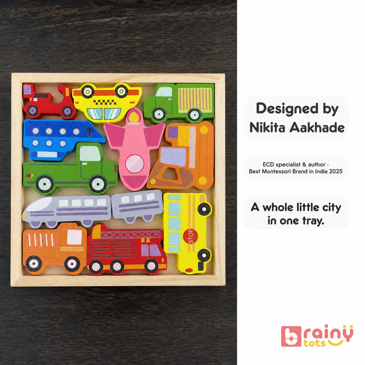 BrainyTots wooden vehicle tray puzzle featured in a designer story highlighting early childhood development expertise and the 12-vehicle play concept.