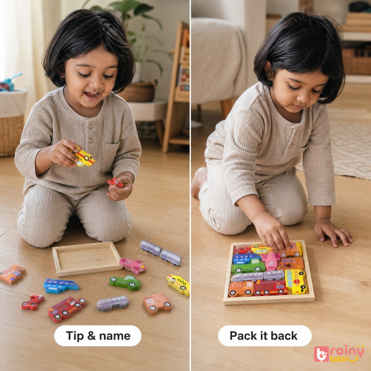 Toddler holding and naming wooden vehicles before placing the colorful pieces back into the BrainyTots tray puzzle.