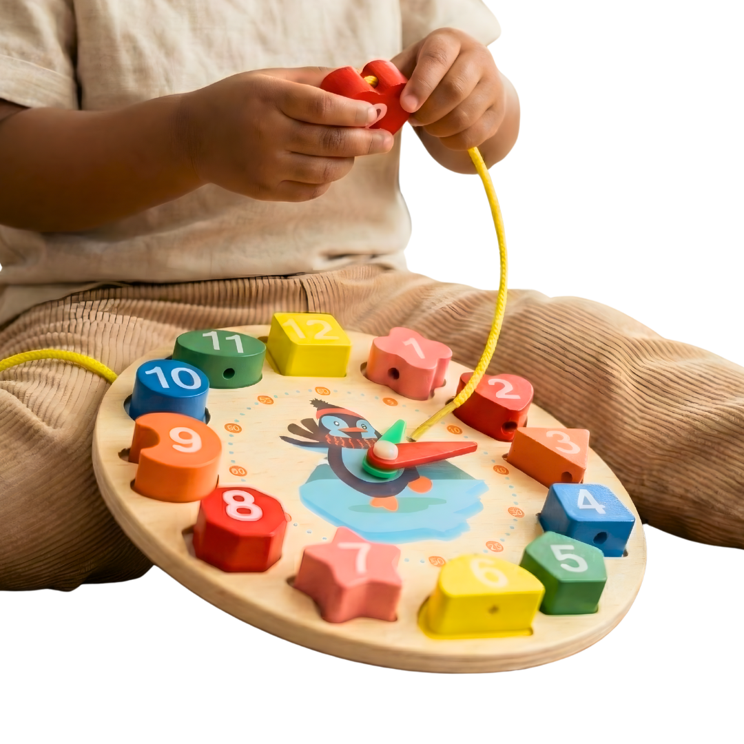 BrainyTots 4-in-1 Montessori Wooden Learning Clock with colorful number blocks, helping children learn time, numbers, shape sorting, color recognition, fine motor skills, and hand-eye coordination through interactive play.