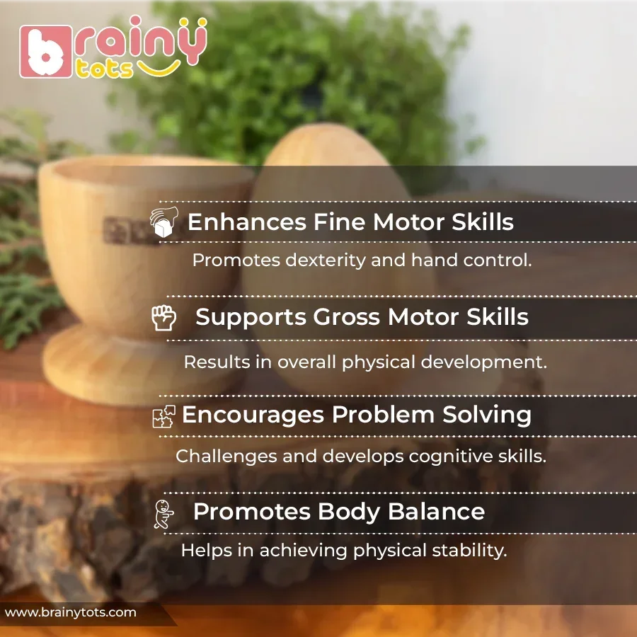BrainyTots Egg & Cup Montessori Puzzle made from natural wood, designed to help babies aged 6–24 months develop fine motor skills, hand control, gross motor coordination, balance, problem-solving, and independent learning through hands-on Montessori play.