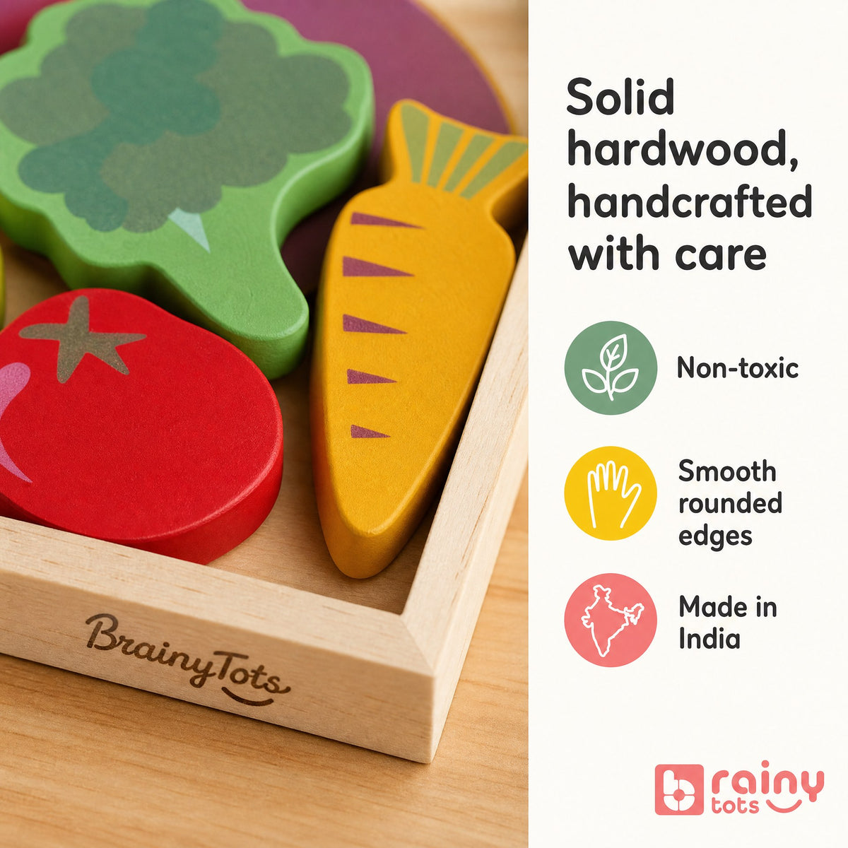 Close-up of BrainyTots wooden food puzzle pieces showing solid hardwood construction, smooth rounded edges, and colorful food designs.